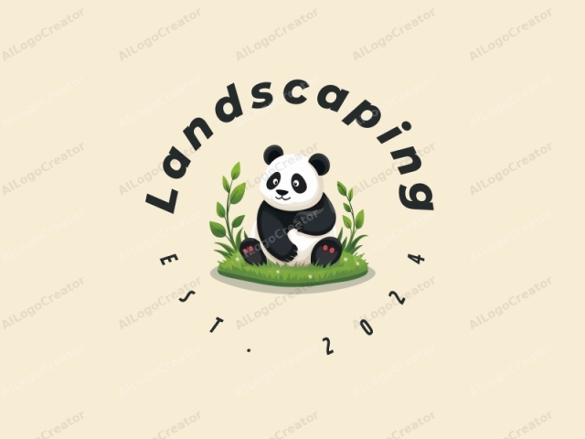 diseño moderno que presenta un panda estilizado interactuando con un césped verde y exuberante y un jardín, incorporando elementos de frescura y naturaleza en una composición limpia y armoniosa.