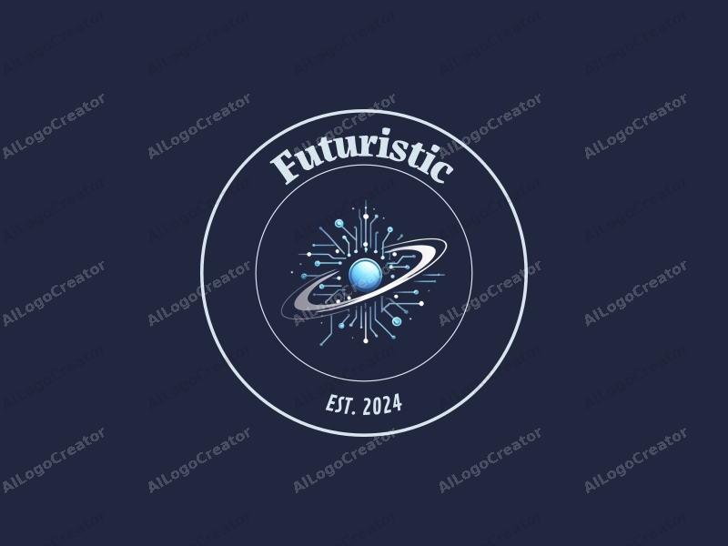 a modern minimalist design featuring stylized circuits intertwined with planetary shapes, utilizing a silver and blue color palette, conveying a sense of innovation and futurism against a clean background.