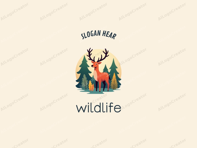 playful design features a stylized deer amidst a vibrant forest, incorporating elements of wildlife and nature, with a clean background and harmonious composition.