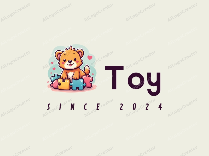 playful design features colorful plush toys and puzzle pieces, combined with a whimsical approach and a clean background.