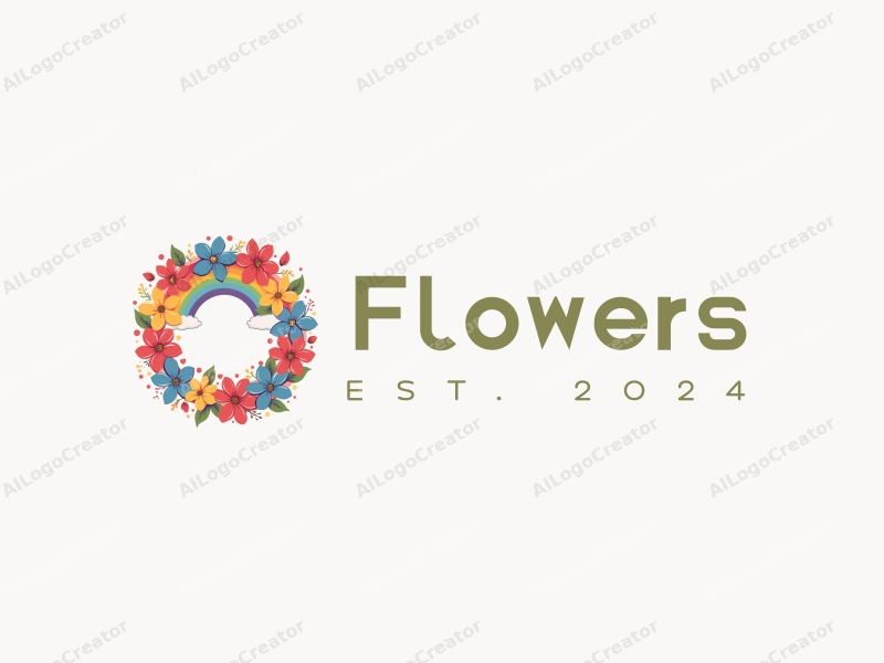 playful design features vibrant flowers and petals arranged in a circular wreath, complemented by a colorful rainbow, combined with a clean background.