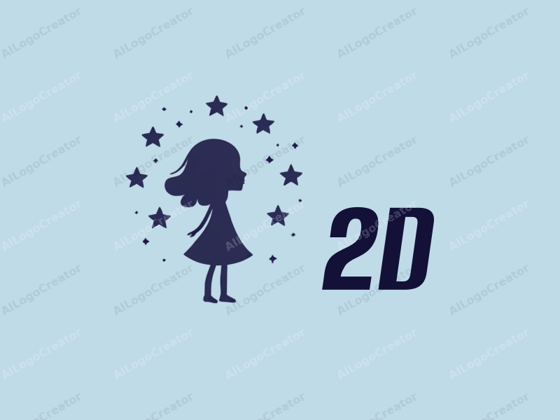 a minimalist design featuring a stylized girl silhouette surrounded by stars, using a modern design approach combined with a clean blue background.