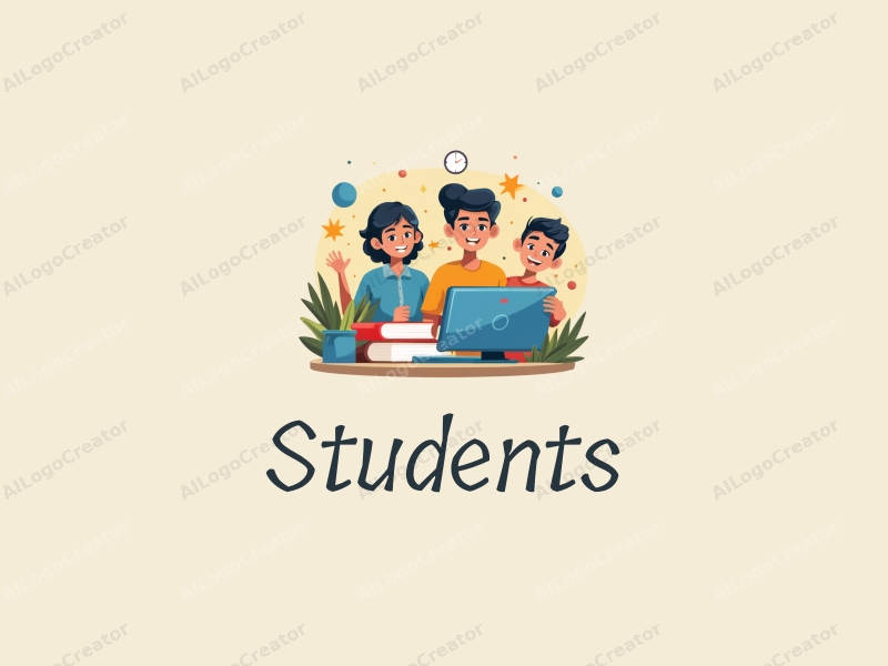 playful design features vibrant colors, stylized students and school elements, books and computers integrated in a harmonious composition with a clean background.