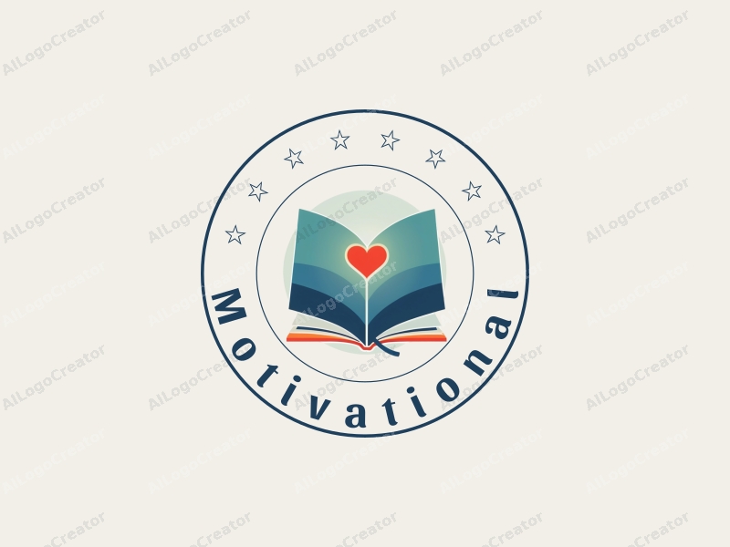 modern design features a stylized book and a heart symbol, representing motivation and encouragement, combined with a clean background in blue and green colors.