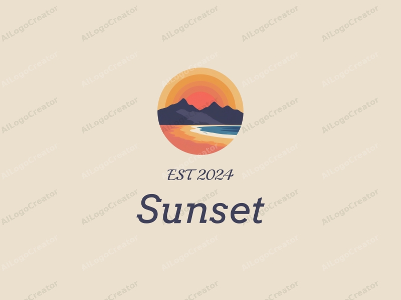 vintage design features a stylized sunset over a beach with mountains in the background, using a harmonious blend of orange and purple colors, combined with a clean and simple layout.