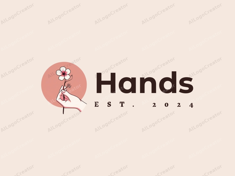 a modern design featuring a hand gently holding a cherry blossom, with a skin tone color palette, emphasizing simplicity and elegance against a clean background.