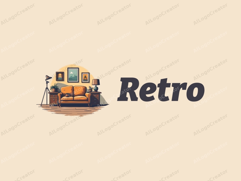 vintage design features a retro sofa, a vintage poster, and a furniture production machine, combined with classic patterns and a clean background.