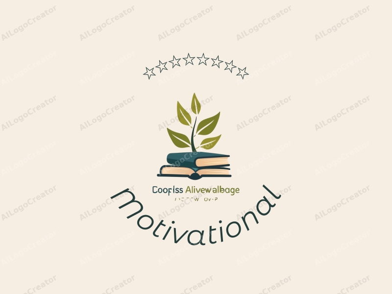 a modern design featuring stylized books and leaves, symbolizing growth and knowledge, combined with a motivational theme, set against a clean background.