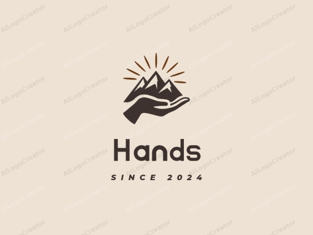 a modern design featuring a hand holding mountains with rays of light emanating from them, using a skin tone color palette, combined with a clean and simple background.