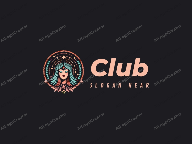 a modern design featuring a stylized club scene with social elements, stars, and a goddess figure, combined with a clean black background.