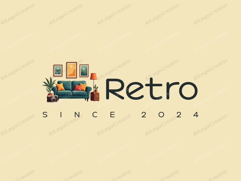 vintage design features a retro sofa, a retro poster, a retro suitcase, and a retro camera, combined with a clean background.