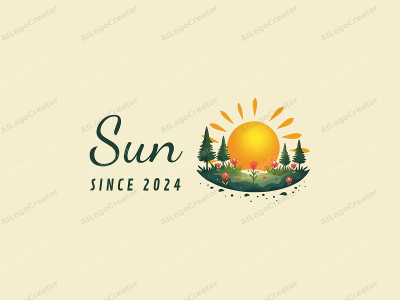 playful design features a bright sun radiating light, surrounded by whimsical flowers and trees, combined with a clean background.