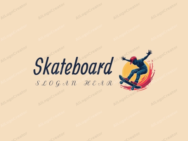 spielerisches Design mit einem leuchtenden Skateboard, einem dynamischen Skateboarder in Bewegung und wirbelnden Windelementen, kombiniert mit einem sauberen Hintergrund.