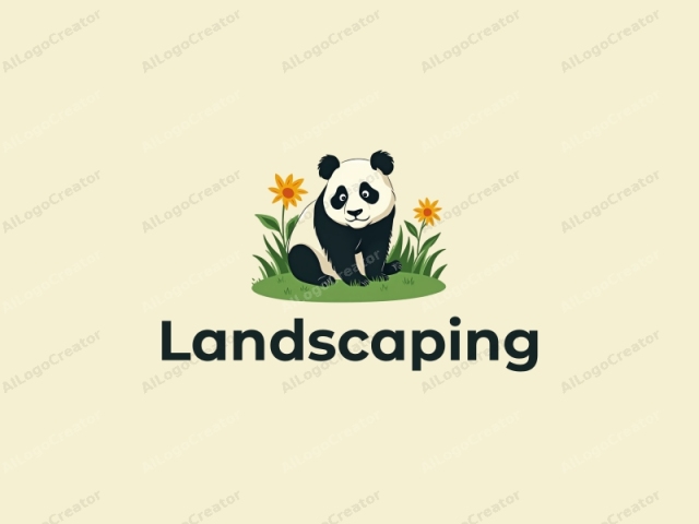 diseño moderno que presenta un panda estilizado interactuando con un césped verde y exuberante y un jardín, integrando elementos de frescura y naturaleza en una composición limpia y armoniosa.