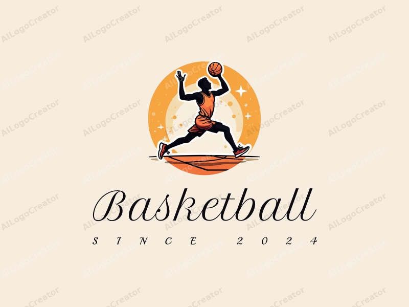 playful design features a dynamic athlete leaping with a basketball, set against a stylized basketball court, incorporating vibrant orange tones and a clean background.