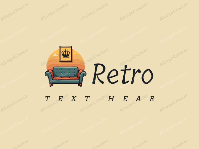 vintage design features a retro sofa, a retro poster, and a crown, combined with a clean background and harmonious composition.