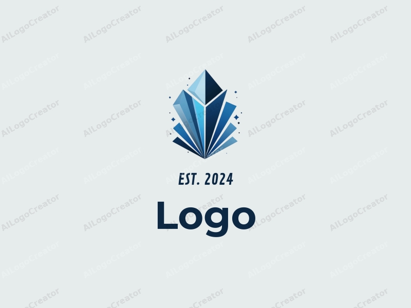 a modern design featuring a stylized crystal shape symbolizing education, combined with abstract elements representing branding and advertising, using a clean and simple composition with blue and black colors.