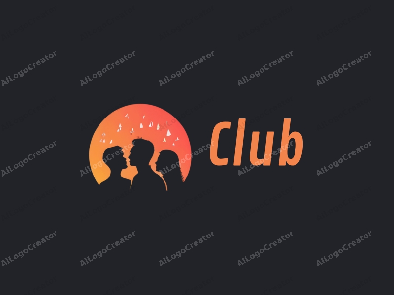 modern design features a stylized club silhouette, musical notes, and abstract shapes representing social interaction, combined with a clean black background.