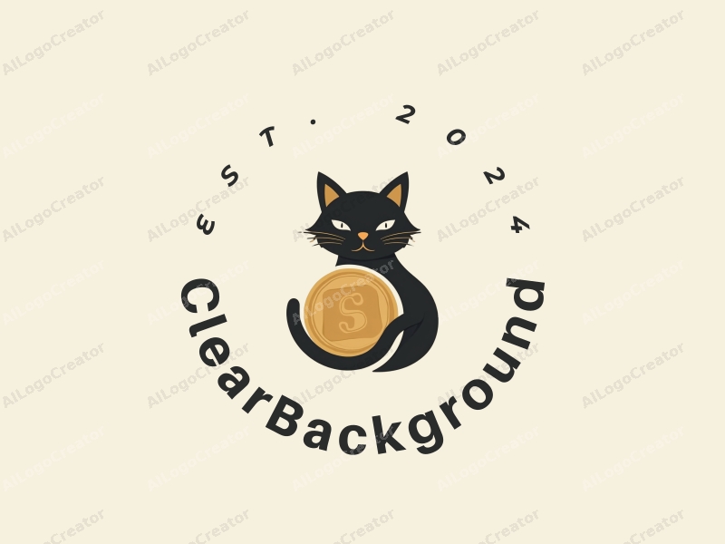 minimalist design features a strong cat silhouette intertwined with a coin, set against a transparent background, emphasizing simplicity and elegance.