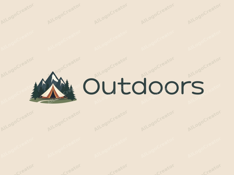 modern design features a stylized camping tent and mountain peak, combined with a clean background and a harmonious composition.