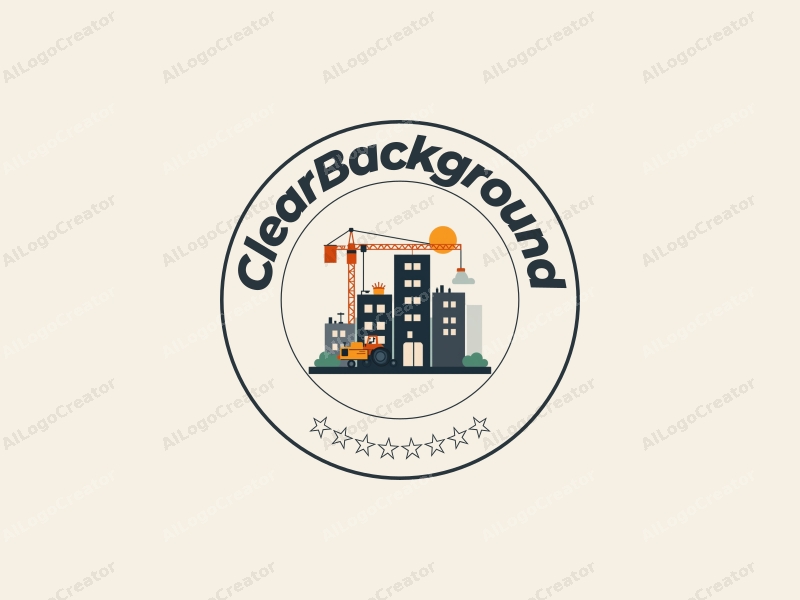 minimalist design features a stylized building silhouette, construction tools, and a clean background with transparent elements.