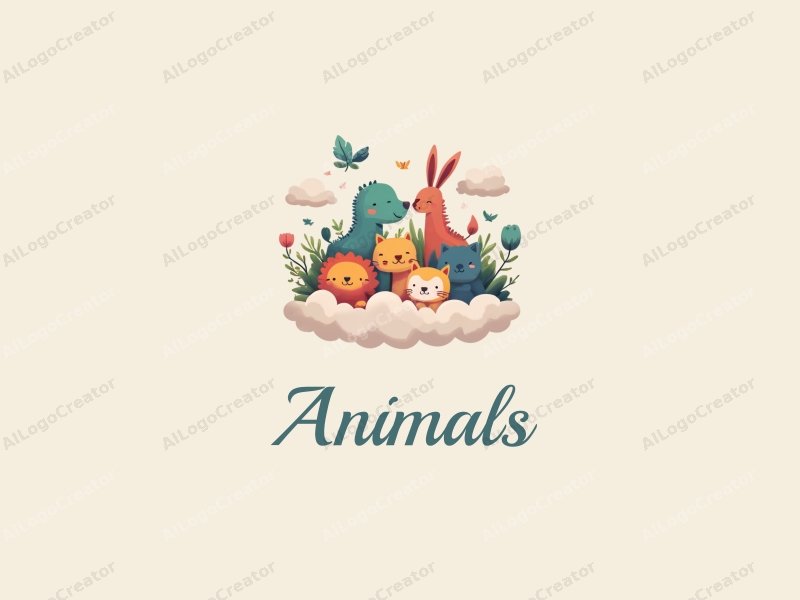 playful design features a variety of colorful small animals interacting with clouds, incorporating a whimsical and cheerful atmosphere, with a clean and harmonious composition.