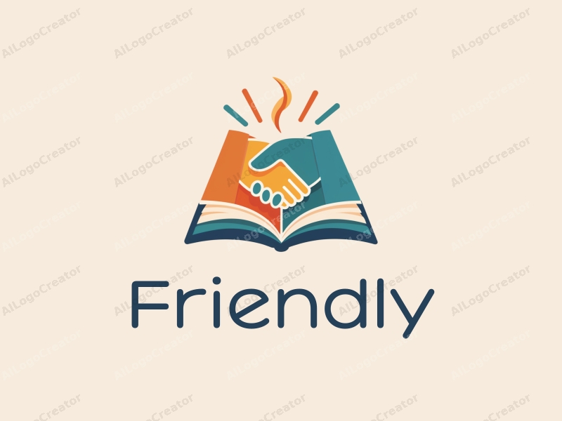 playful design features a stylized book and a handshake, combined with a clean background, emphasizing friendship and community in an educational and social context.