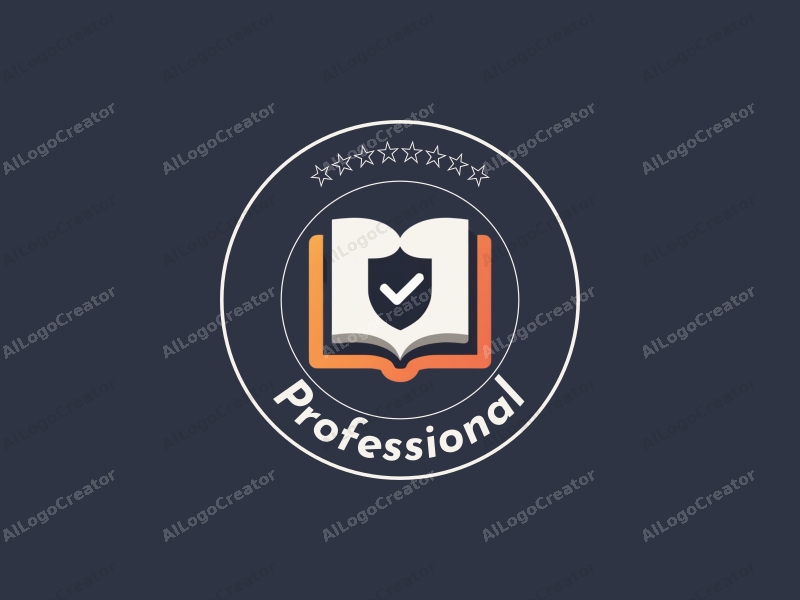 modern design features a stylized book and shield, symbolizing professionalism and certification, combined with a clean background.