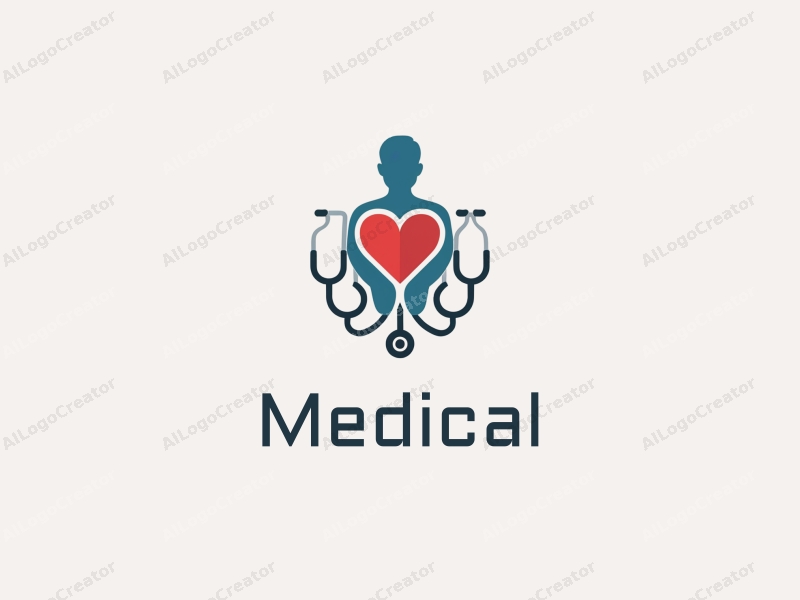 modern design features a stylized hospital silhouette, a doctor figure, a stethoscope intertwined with a heart, combined with a clean background.