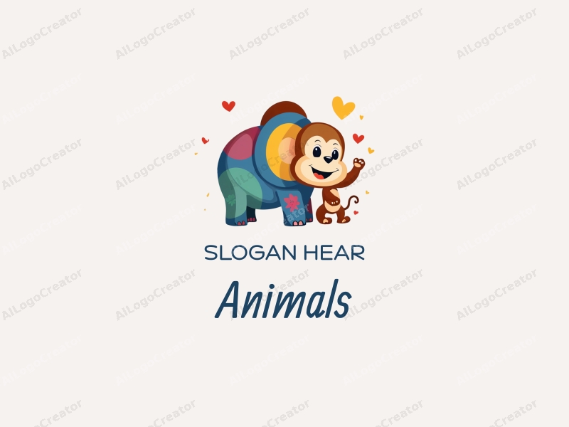 playful design features a colorful elephant and monkey, with a whimsical and fun approach combined with a clean background.