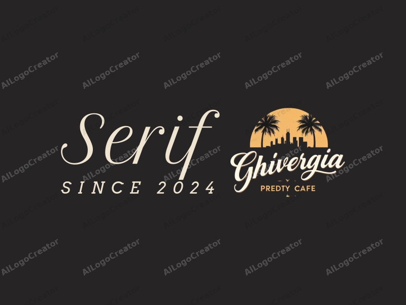 vintage design features elegant serif fonts, stylized palm trees, and a city skyline silhouette combined with a clean black background.