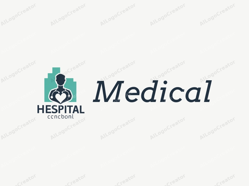 modern design features a stylized hospital silhouette, a doctor figure, a stethoscope intertwined with a heart, combined with a clean background.