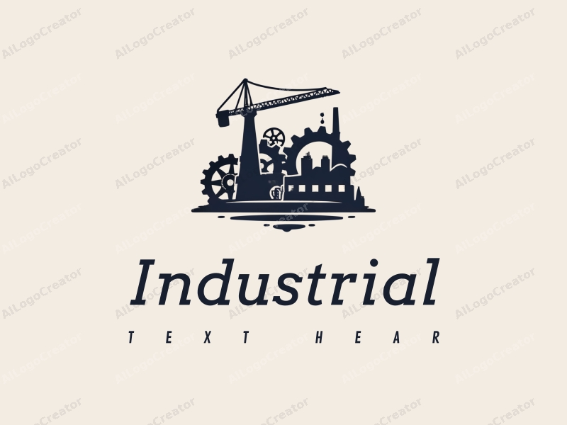 modern design features a stylized factory silhouette, interlocking gears, and a crane, combined with a clean background.