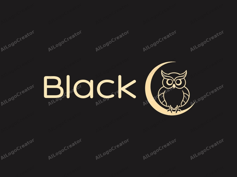 minimalist design features a stylized owl perched on a crescent moon, set against a clean black background, evoking a sense of night and elegance.