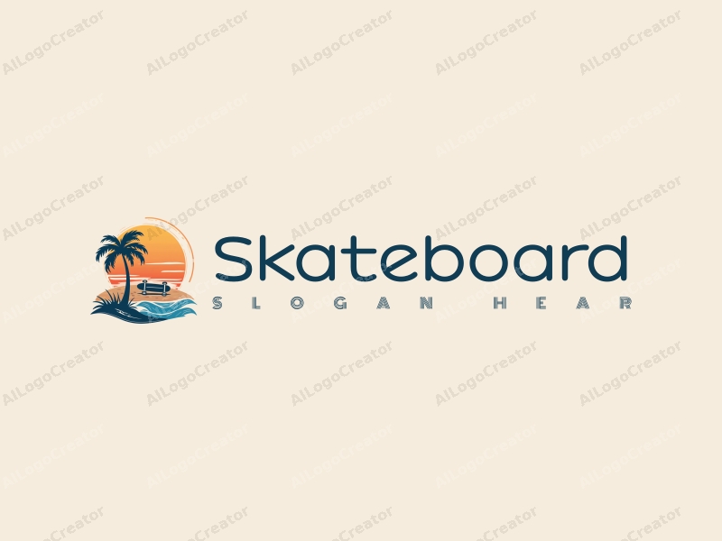 playful design features a vibrant skateboard silhouette, waves, and a sandy beach, combined with a clean background.