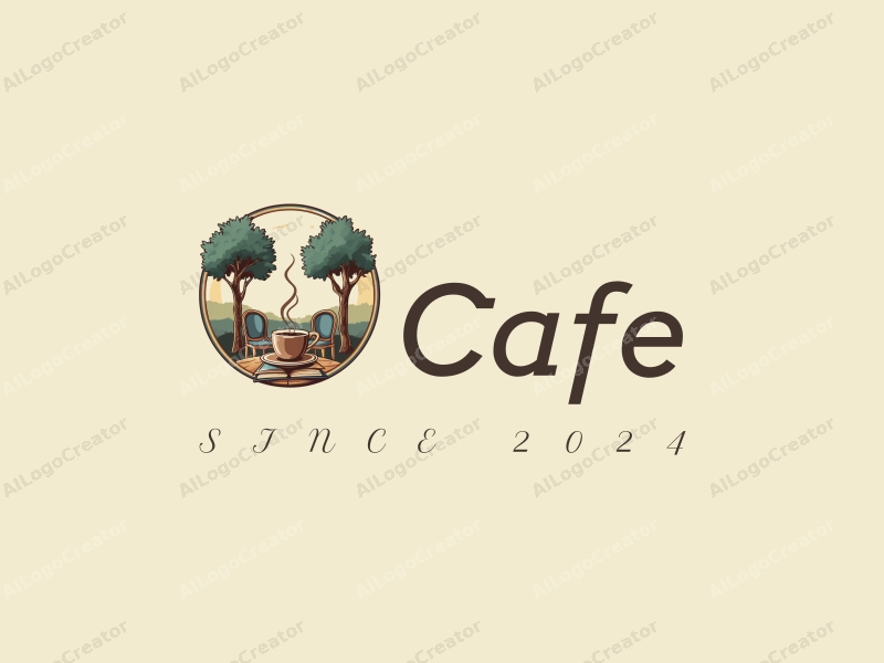 vintage design features a stylized coffee cup, elegant tables and chairs, intertwined with trees and books, combined with a clean background.