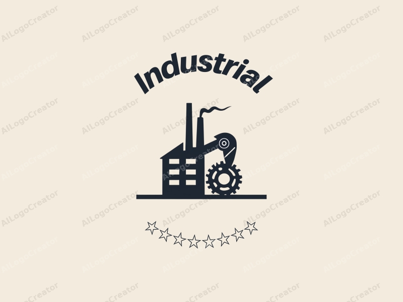 modern design features a stylized factory silhouette, a robotic arm, and interlocking gears, combined with a clean background.