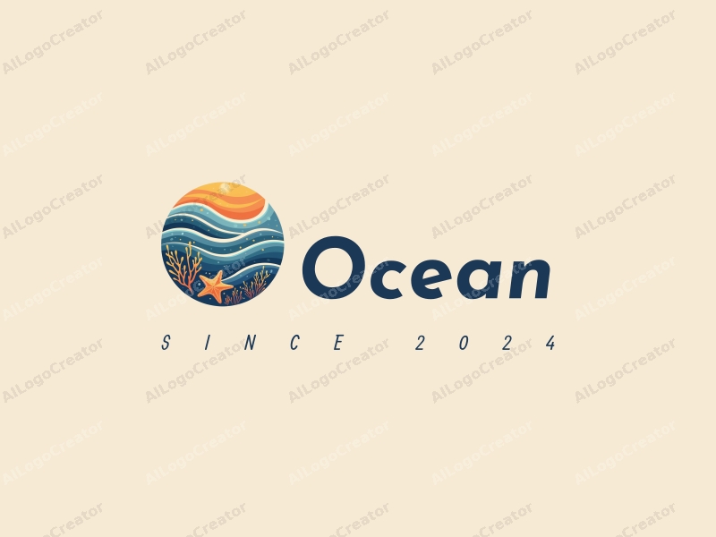 a modern design featuring stylized waves, marine life including coral and starfish, combined with a clean background and a harmonious composition.