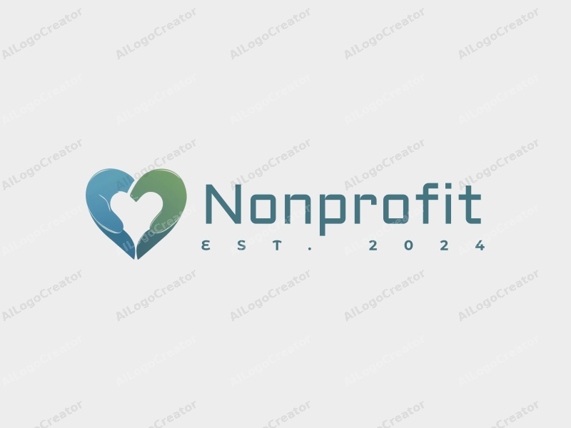 modern design features a heart shape formed by two hands, symbolizing charity and volunteerism, with a clean background in blue and green tones.