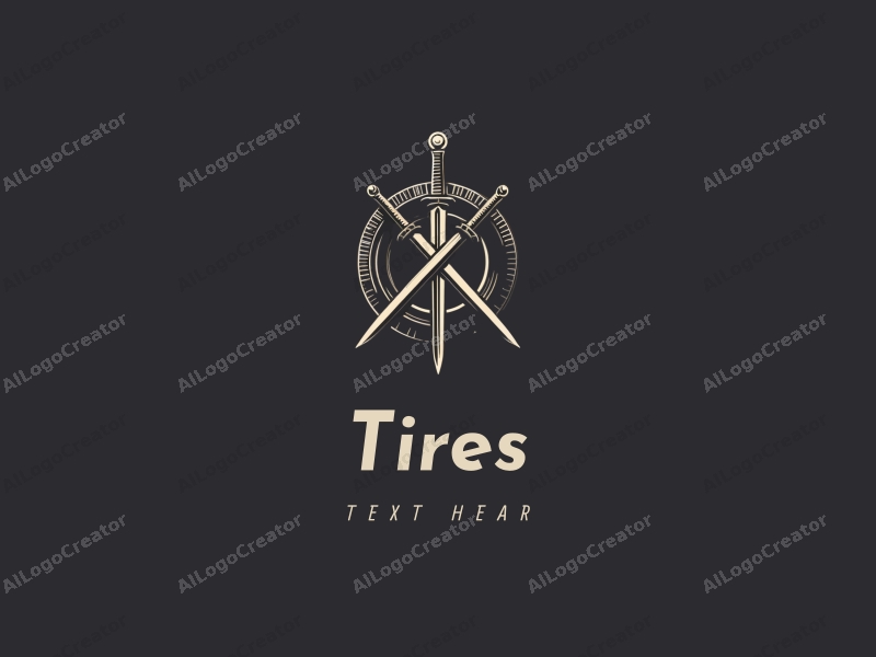 a modern design featuring a stylized tire and car tire intertwined with a sword and shield, combined with a clean background.