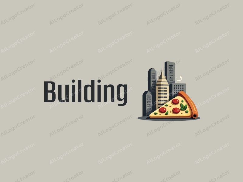 modern design features abstract architectural structures, a stylized pizza slice with basil leaves, combined with a clean gray background.