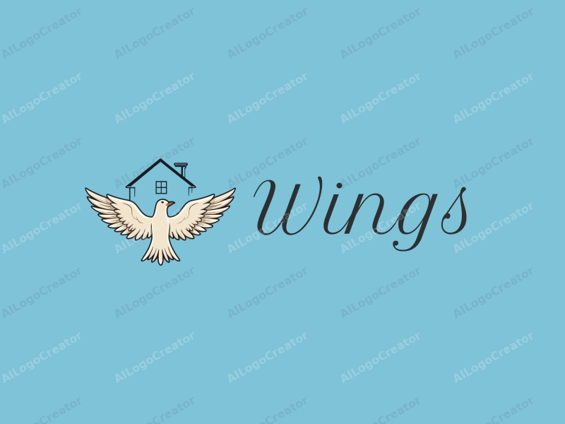 playful design features stylized wings and a bird in flight, combined with a whimsical house silhouette, set against a clean blue background.