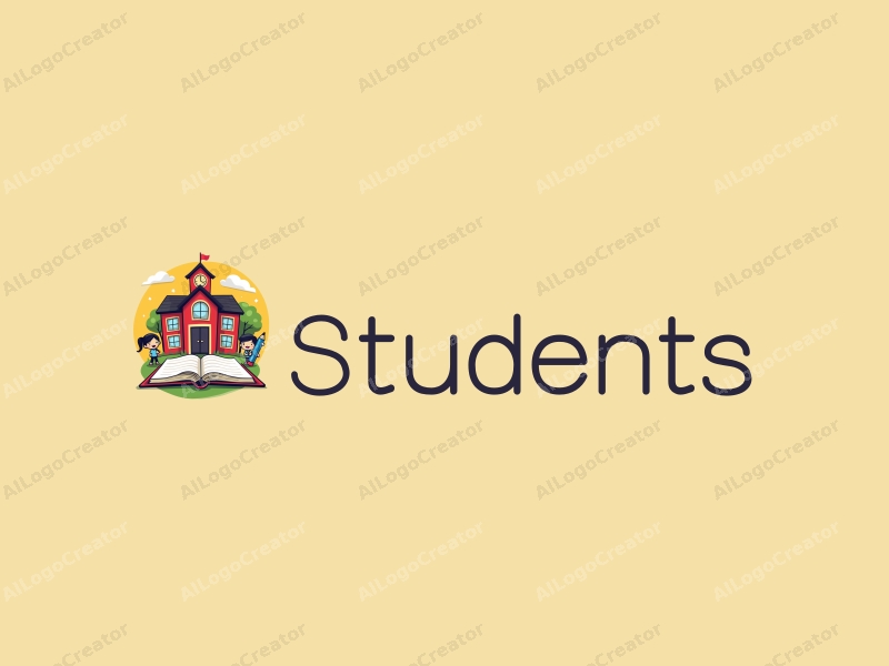 playful design features cheerful students, a stylized school building, open books, and pencils arranged harmoniously with a vibrant background.