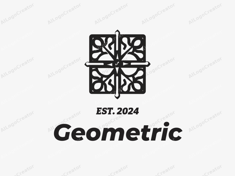 geometric design featuring a harmonious combination of square and circular shapes, stylized cooking utensils and plates, with a clean black and white color scheme.