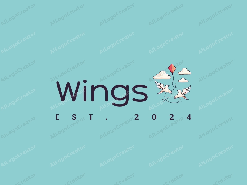 playful design features stylized wings and kites soaring among fluffy clouds, combined with a clean blue background.