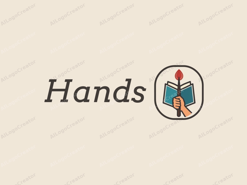 a modern design featuring a stylized hand gripping a book and a paintbrush, combined with a clean background and a harmonious composition.