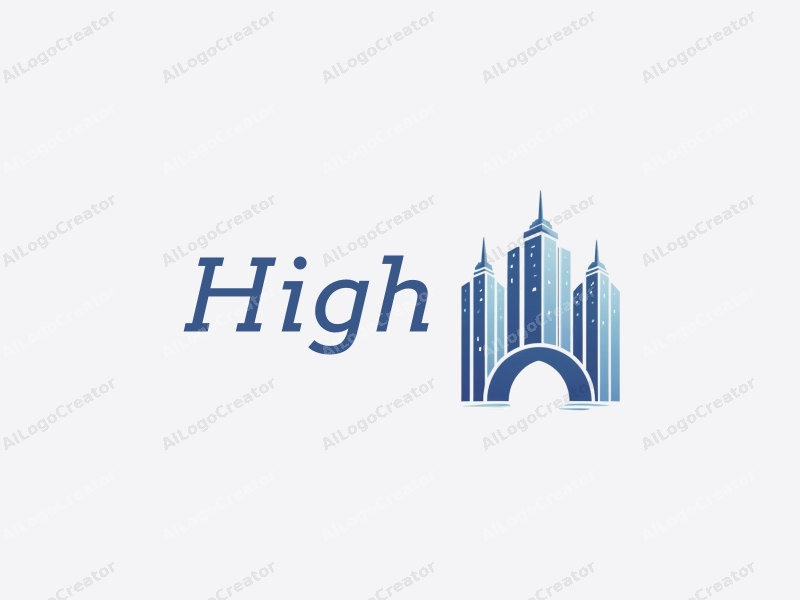 a modern design featuring towering skyscrapers and arches, with a blue color palette, emphasizing simplicity and elegance in a clean background.