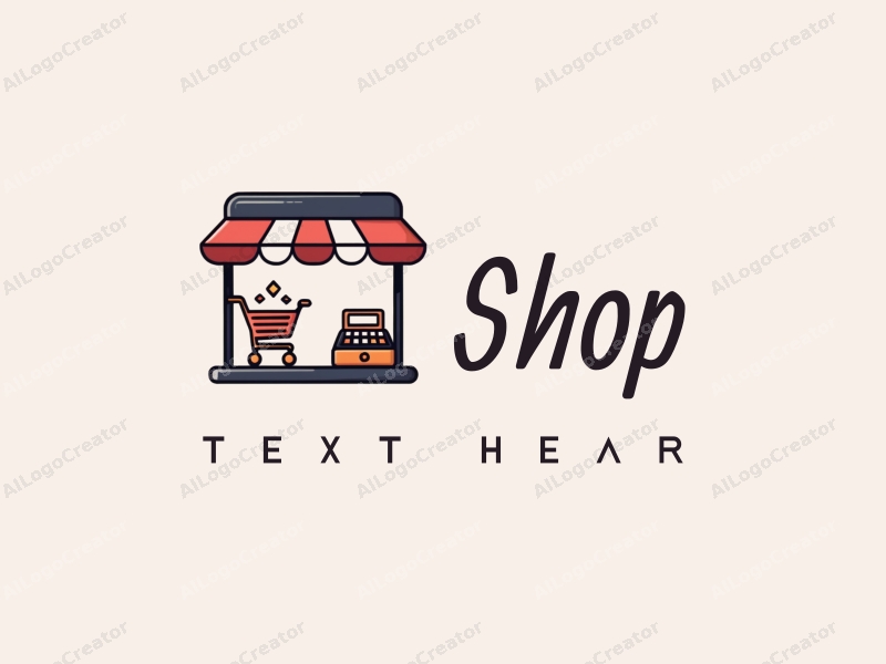 a modern design featuring a stylized shop front, a shopping cart, and a cash register, combined with a clean background.