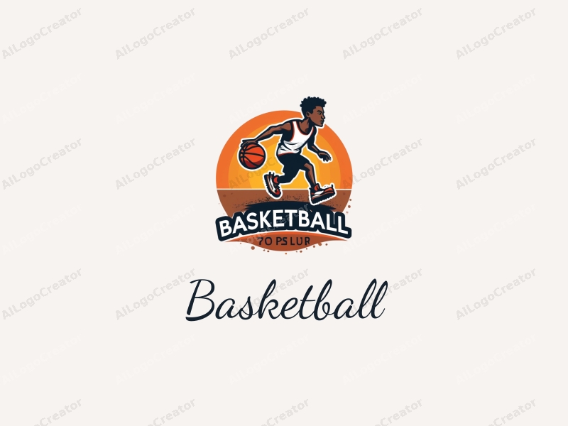 playful design features a dynamic athlete dribbling a basketball, stylized sneakers, and a basketball hoop, combined with a clean background.