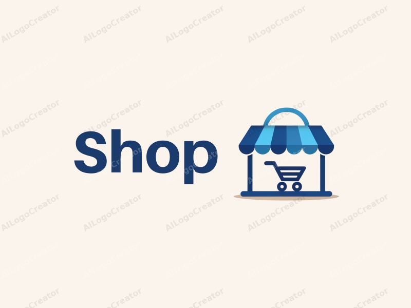 a modern design featuring a stylized shop with a blue roof, a shopping cart, and a clean background, emphasizing simplicity and harmony.